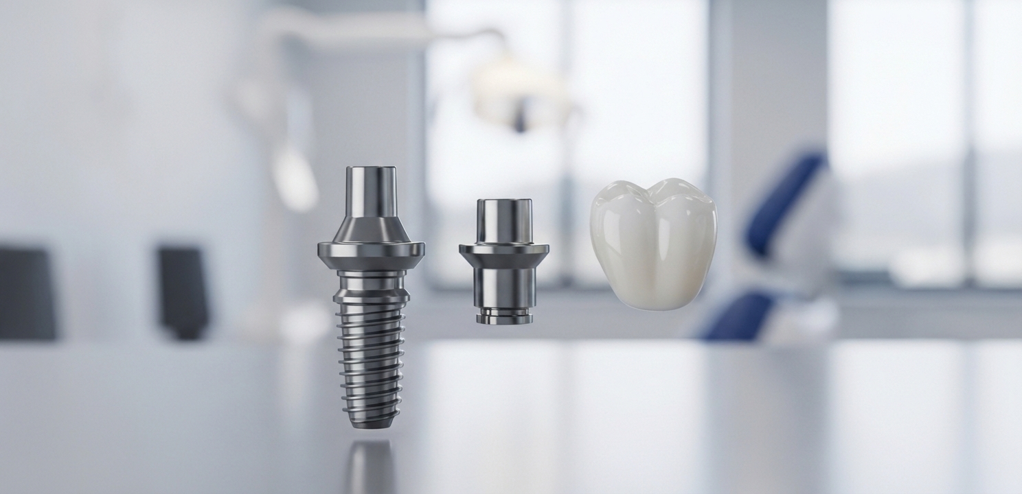Dental Implants Turkey showing the three-part structure: the titanium post, abutment, and crown.