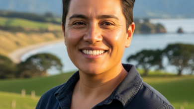 A photorealistic image showing a content person with a bright, healthy smile, set against a softly blurred backdrop of rolling green hills and a serene coastline, characteristic of the New Zealand landscape. The person's face is in sharp focus, conveying satisfaction and well-being.