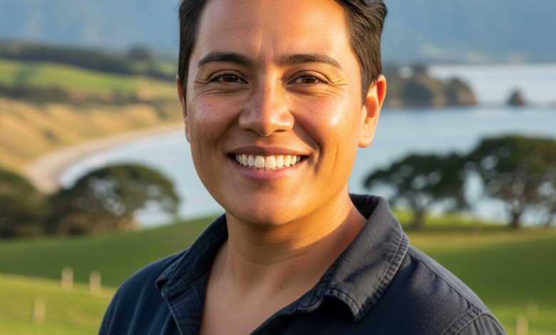 A photorealistic image showing a content person with a bright, healthy smile, set against a softly blurred backdrop of rolling green hills and a serene coastline, characteristic of the New Zealand landscape. The person's face is in sharp focus, conveying satisfaction and well-being.