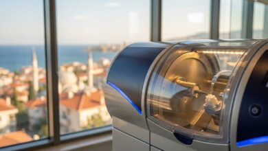 A close-up, photorealistic shot of a modern dental CAD/CAM machine creating a white ceramic crown, with a stunning, blurred background of a sunny Turkish coastal city and the sea, viewed from a clinic window.