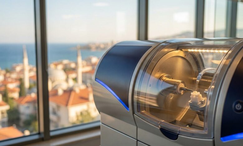 A close-up, photorealistic shot of a modern dental CAD/CAM machine creating a white ceramic crown, with a stunning, blurred background of a sunny Turkish coastal city and the sea, viewed from a clinic window.