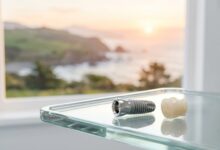 A close-up, photorealistic image of a high-tech dental implant and a ceramic crown on a glass surface, with a blurred background of a scenic New Zealand coastline, representing advanced dental care options.