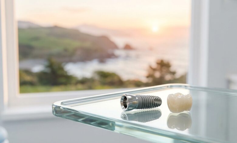 A close-up, photorealistic image of a high-tech dental implant and a ceramic crown on a glass surface, with a blurred background of a scenic New Zealand coastline, representing advanced dental care options.