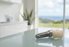 A detailed photorealistic image of a dental implant and crown on a clean surface in a modern clinic with a blurred view of the New Zealand landscape through a window.