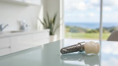 A detailed photorealistic image of a dental implant and crown on a clean surface in a modern clinic with a blurred view of the New Zealand landscape through a window.