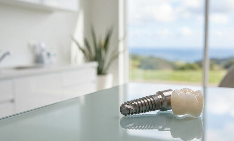 A detailed photorealistic image of a dental implant and crown on a clean surface in a modern clinic with a blurred view of the New Zealand landscape through a window.