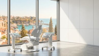 An empty, high-tech dental treatment room with a modern chair in the foreground and a large window offering a soft-focus, sunny view of a beautiful Turkish coastal city and the sea.
