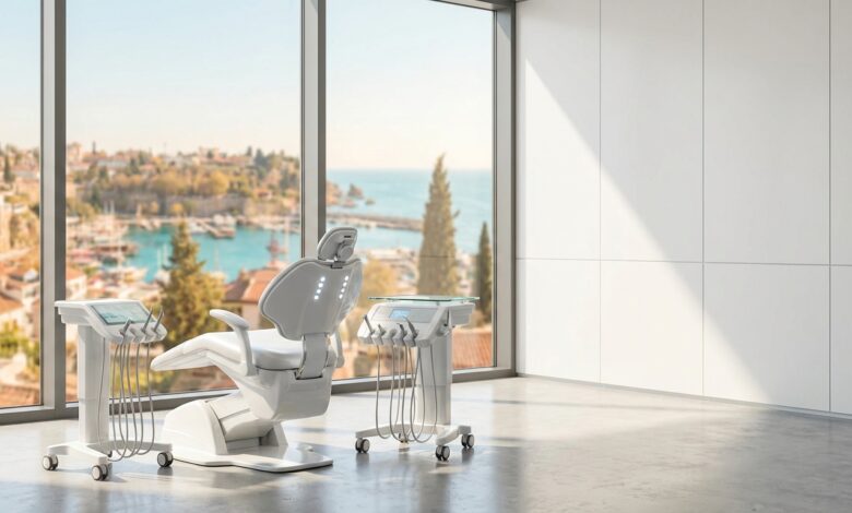 An empty, high-tech dental treatment room with a modern chair in the foreground and a large window offering a soft-focus, sunny view of a beautiful Turkish coastal city and the sea.