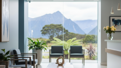A clean, modern dental clinic waiting area with contemporary seating, bathed in soft natural light. Through a large, blurred window in the background, a serene natural landscape typical of New Zealand is subtly visible, emphasizing the location and readiness for urgent dental care.