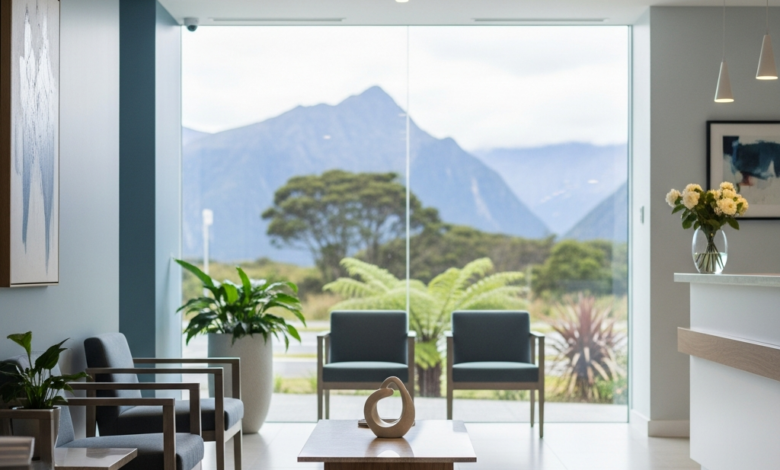 A clean, modern dental clinic waiting area with contemporary seating, bathed in soft natural light. Through a large, blurred window in the background, a serene natural landscape typical of New Zealand is subtly visible, emphasizing the location and readiness for urgent dental care.