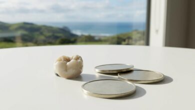 A photorealistic close-up of a porcelain dental crown and New Zealand dollar coins on a clean surface, with the beautiful, blurred coastline of New Zealand visible in the background, symbolizing the cost of dentistry.