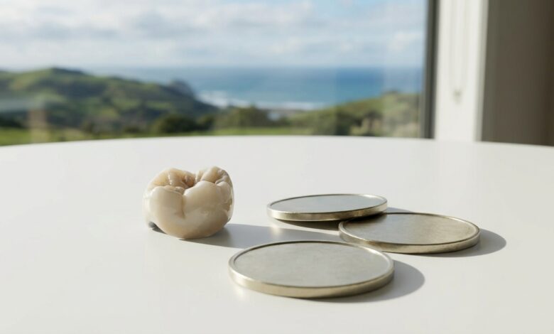 A photorealistic close-up of a porcelain dental crown and New Zealand dollar coins on a clean surface, with the beautiful, blurred coastline of New Zealand visible in the background, symbolizing the cost of dentistry.