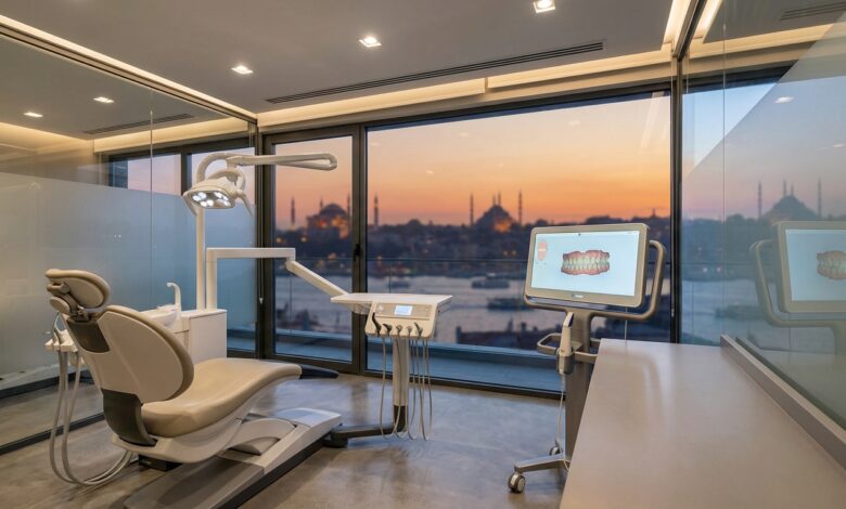 A pristine, modern dental clinic room with an empty patient chair in the foreground and a large window showing a blurred, scenic view of the Istanbul, Turkey skyline at sunset, symbolizing dental tourism.