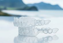 A close-up, photorealistic image of two clear, custom-fit dental aligners (similar to Invisalign) on a clean surface. In the blurred background, a scenic New Zealand coastal landscape or city vista is visible.