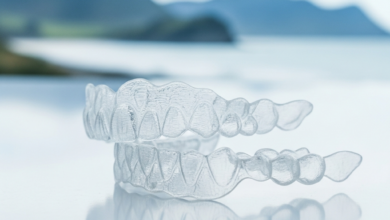 A close-up, photorealistic image of two clear, custom-fit dental aligners (similar to Invisalign) on a clean surface. In the blurred background, a scenic New Zealand coastal landscape or city vista is visible.