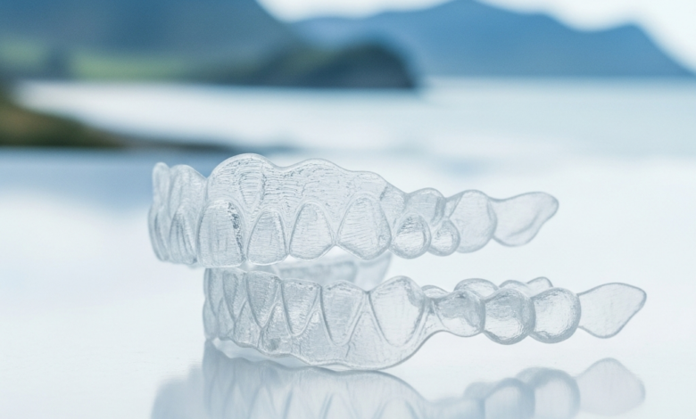 A close-up, photorealistic image of two clear, custom-fit dental aligners (similar to Invisalign) on a clean surface. In the blurred background, a scenic New Zealand coastal landscape or city vista is visible.