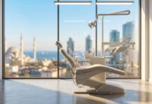 A clean, modern, sunlit dental clinic room featuring an advanced treatment chair, with a large window showing a beautifully blurred view of a Turkish city skyline and coast.