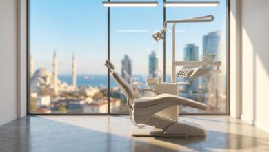 A clean, modern, sunlit dental clinic room featuring an advanced treatment chair, with a large window showing a beautifully blurred view of a Turkish city skyline and coast.