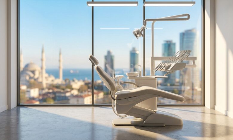 A clean, modern, sunlit dental clinic room featuring an advanced treatment chair, with a large window showing a beautifully blurred view of a Turkish city skyline and coast.