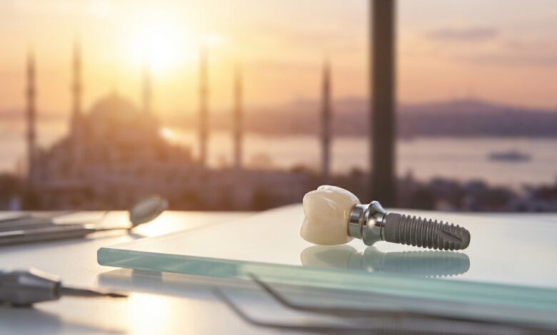 A close-up, detailed photograph of a complete dental implant on a sterile surface inside a modern clinic, with a blurred view of the Istanbul, Turkey skyline through a window in the background.