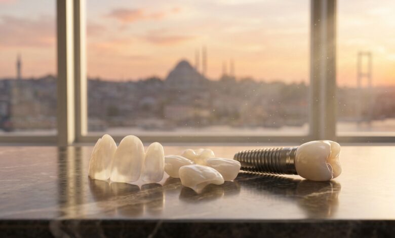 A close-up of perfect porcelain veneers and a dental implant model on a table in a luxury hotel room, with a beautifully blurred, scenic view of the Istanbul, Turkey skyline in the background at sunrise.