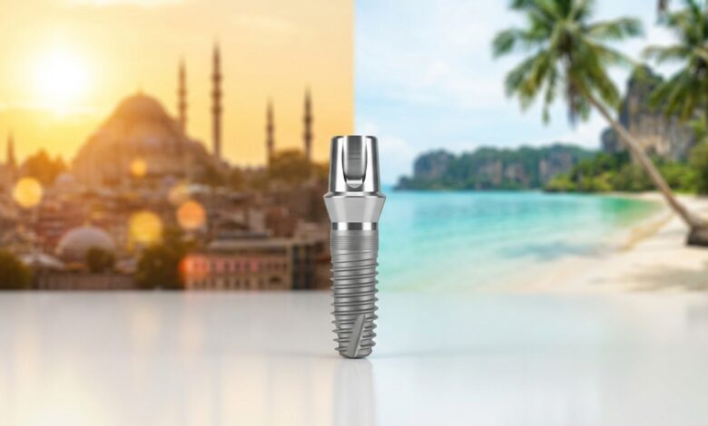 A pristine titanium dental implant is in sharp focus on a clean surface, with a split background showing a blurred Turkish city skyline on the left and a blurred Thai tropical beach on the right, symbolizing a choice.
