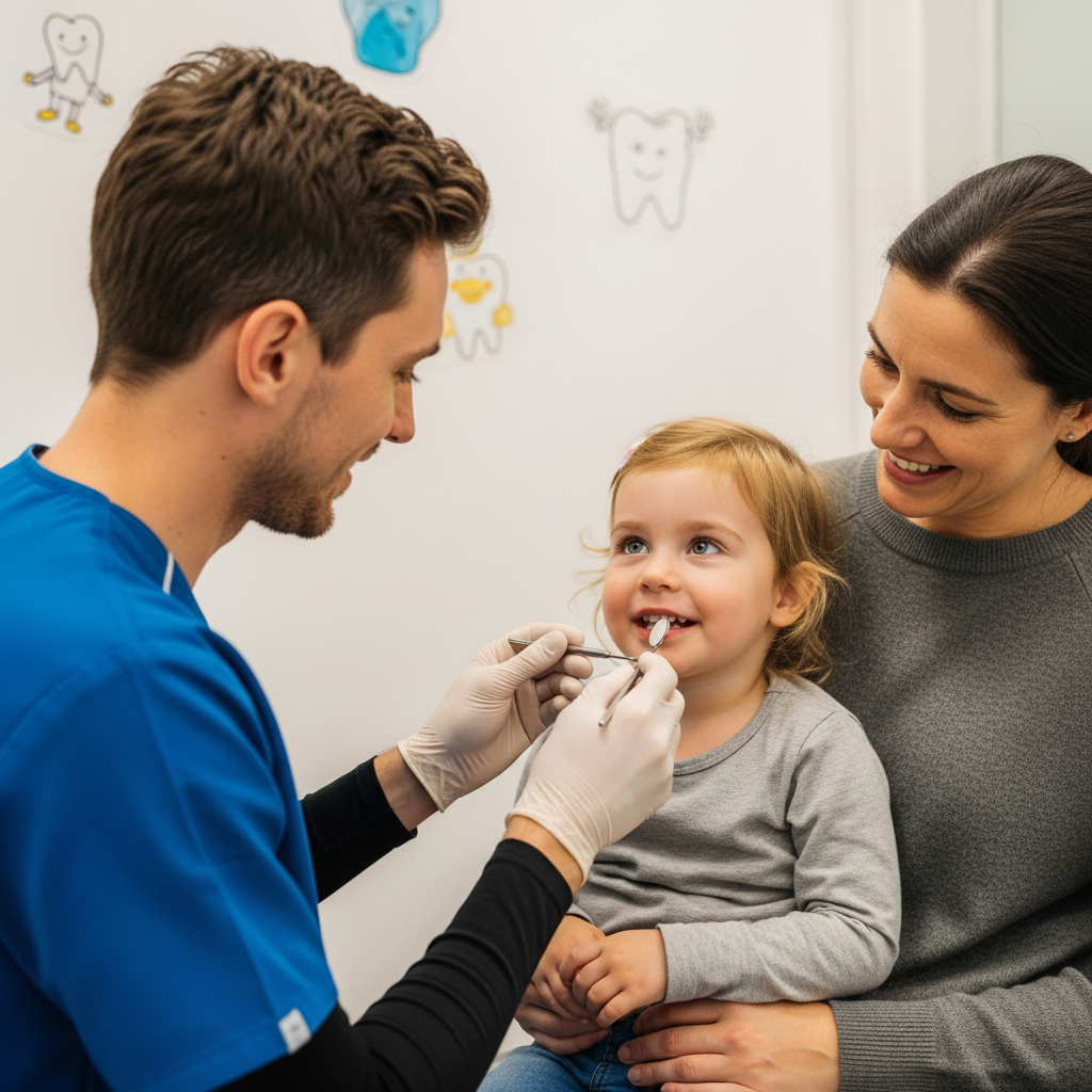Children’s Dentist New Zealand ensures positive first visits, examining a child gently on a parent's lap.