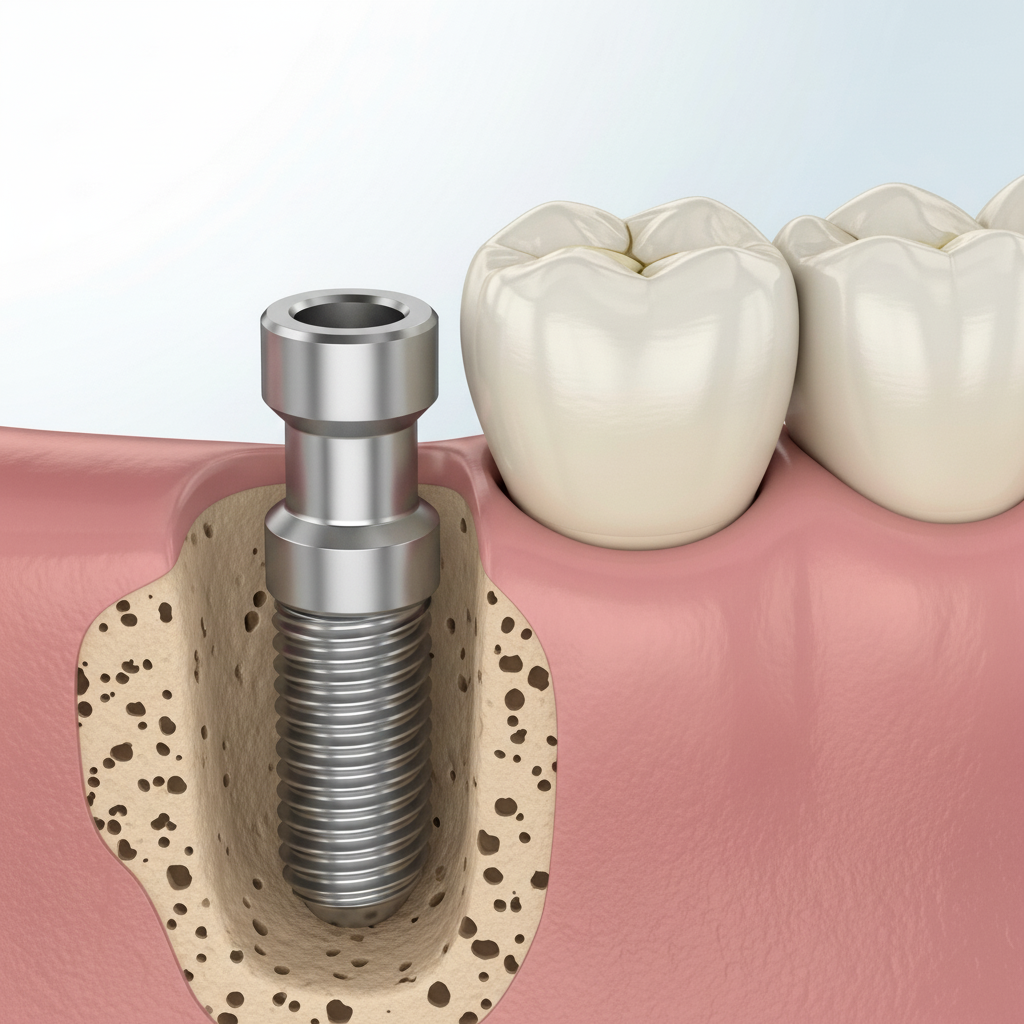 Dental Implants vs Bridges, observe the detailed structure of a dental implant for tooth replacement.