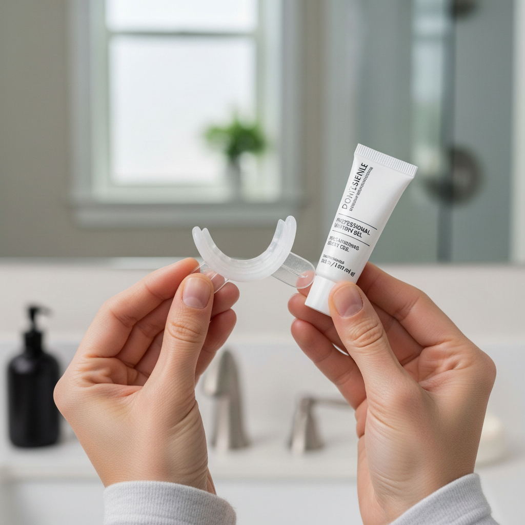Teeth Whitening New Zealand: A person applying professional gel to custom trays for at-home use.