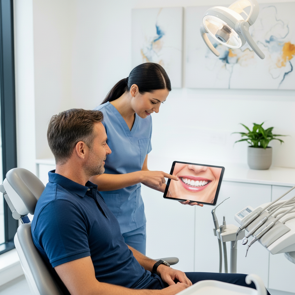 Cosmetic Dentistry in New Zealand: Patient consults with dentist about personalized smile transformation in modern clinic.