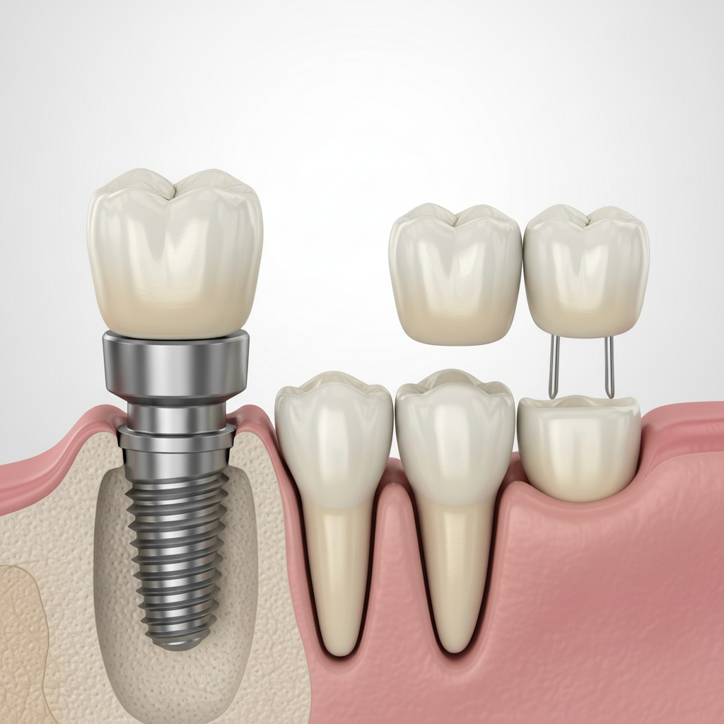 Dental Implants vs Bridges showcasing the distinct structural differences in tooth replacement options for patients