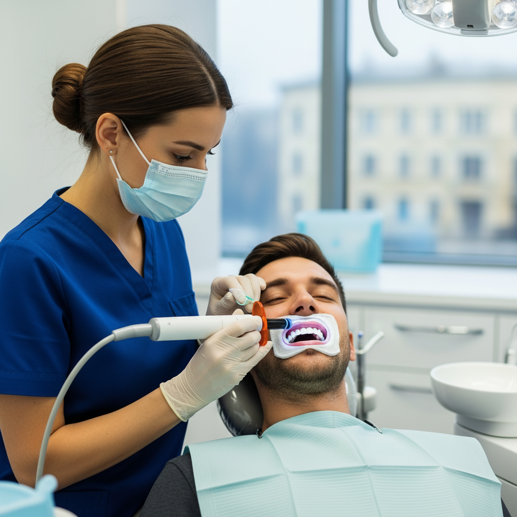 Teeth Whitening New Zealand: A dentist expertly performs an in-office laser teeth whitening procedure on a patient