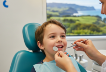 A smiling young child in a bright pediatric dental chair interacting positively with a gentle dentist. A blurred New Zealand landscape is visible through a window in the background, conveying a welcoming and local dental care experience.