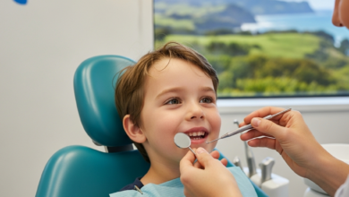 A smiling young child in a bright pediatric dental chair interacting positively with a gentle dentist. A blurred New Zealand landscape is visible through a window in the background, conveying a welcoming and local dental care experience.