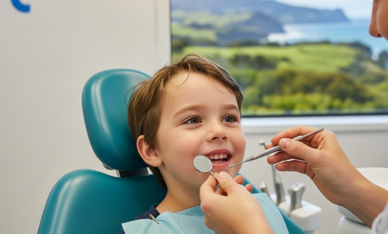 A smiling young child in a bright pediatric dental chair interacting positively with a gentle dentist. A blurred New Zealand landscape is visible through a window in the background, conveying a welcoming and local dental care experience.