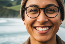 A person with a perfect, bright, and confident smile, showcasing healthy teeth. The background is a softly blurred, scenic New Zealand landscape, possibly featuring rolling hills or a distant city skyline.
