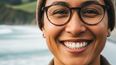 A person with a perfect, bright, and confident smile, showcasing healthy teeth. The background is a softly blurred, scenic New Zealand landscape, possibly featuring rolling hills or a distant city skyline.