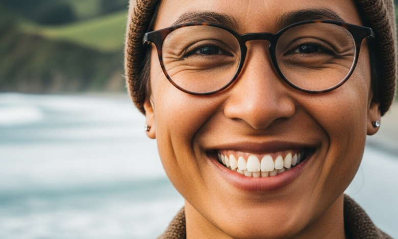 A person with a perfect, bright, and confident smile, showcasing healthy teeth. The background is a softly blurred, scenic New Zealand landscape, possibly featuring rolling hills or a distant city skyline.