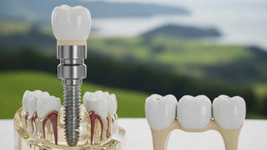 A close-up, photorealistic comparison of a dental implant model and a dental bridge model. The implant shows a titanium post, abutment, and crown emerging from a conceptual bone structure. The bridge displays three connected porcelain teeth. The background is an extremely blurred, out-of-focus green landscape, hinting at New Zealand. No text is visible.