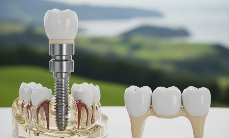 A close-up, photorealistic comparison of a dental implant model and a dental bridge model. The implant shows a titanium post, abutment, and crown emerging from a conceptual bone structure. The bridge displays three connected porcelain teeth. The background is an extremely blurred, out-of-focus green landscape, hinting at New Zealand. No text is visible.