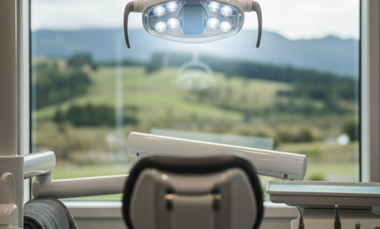 A serene and comforting view from a dental chair, looking up at a modern, soft-glowing dental light. Through a large window in the background, an extremely blurred, peaceful natural landscape hinting at New Zealand's scenery is visible. The clean environment and calming light emphasize relaxation and anxiety relief.