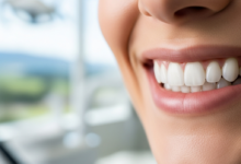 Close-up of a radiant, perfectly white human smile with bright, healthy teeth. The background is softly blurred, showing an indistinct modern dental clinic interior and a very subtle, atmospheric hint of distant green New Zealand hills or a clear sky through a window.