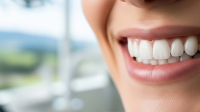 Close-up of a radiant, perfectly white human smile with bright, healthy teeth. The background is softly blurred, showing an indistinct modern dental clinic interior and a very subtle, atmospheric hint of distant green New Zealand hills or a clear sky through a window.