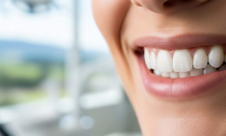 Close-up of a radiant, perfectly white human smile with bright, healthy teeth. The background is softly blurred, showing an indistinct modern dental clinic interior and a very subtle, atmospheric hint of distant green New Zealand hills or a clear sky through a window.