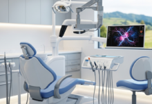A photorealistic image of a modern, clean dental clinic interior. A futuristic white dental chair is central, flanked by advanced dental equipment like a digital scanner or a monitor with abstract graphics. Through a large window in the blurred background, a scenic New Zealand landscape of green hills or mountains is faintly visible, conveying a sense of quality and location.