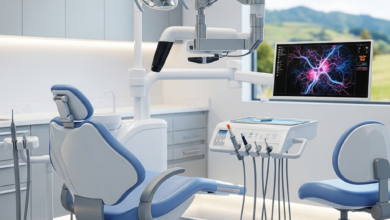 A photorealistic image of a modern, clean dental clinic interior. A futuristic white dental chair is central, flanked by advanced dental equipment like a digital scanner or a monitor with abstract graphics. Through a large window in the blurred background, a scenic New Zealand landscape of green hills or mountains is faintly visible, conveying a sense of quality and location.