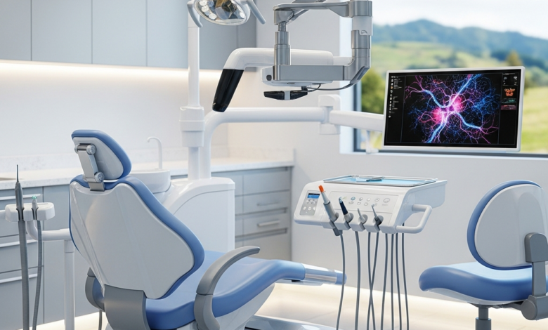 A photorealistic image of a modern, clean dental clinic interior. A futuristic white dental chair is central, flanked by advanced dental equipment like a digital scanner or a monitor with abstract graphics. Through a large window in the blurred background, a scenic New Zealand landscape of green hills or mountains is faintly visible, conveying a sense of quality and location.