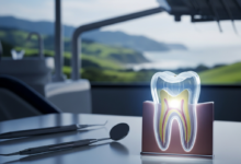 A photorealistic image of a translucent 3D model of a wisdom tooth, set within a blurred modern dental clinic, with a soft-focus New Zealand landscape in the distant background.