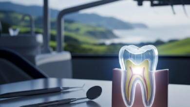 A photorealistic image of a translucent 3D model of a wisdom tooth, set within a blurred modern dental clinic, with a soft-focus New Zealand landscape in the distant background.
