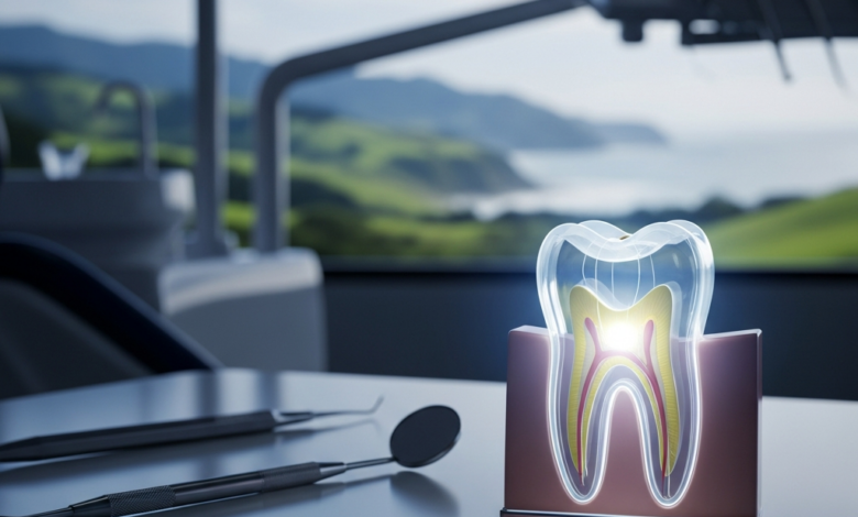A photorealistic image of a translucent 3D model of a wisdom tooth, set within a blurred modern dental clinic, with a soft-focus New Zealand landscape in the distant background.